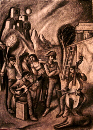 「Arlequin et Musicie…」というタイトルの描画 Paul Rossiによって, オリジナルのアートワーク, 木炭