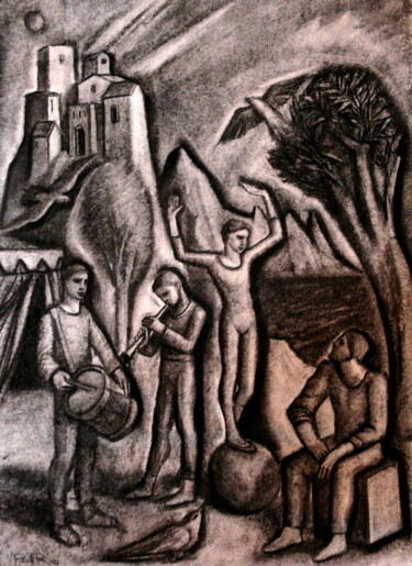 Disegno intitolato "Musiciens et acroba…" da Paul Rossi, Opera d'arte originale, Carbone