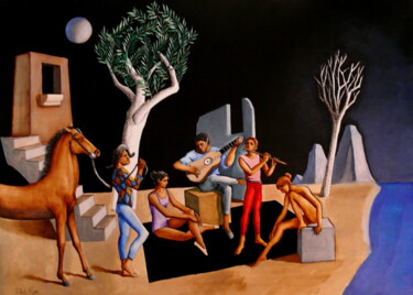 Schilderij getiteld "Musiciens en paysag…" door Paul Rossi, Origineel Kunstwerk, Gouache