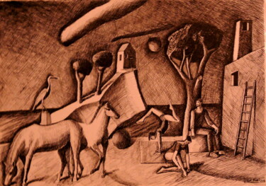 Drawing titled "Acrobates en Paysag…" by Paul Rossi, Original Artwork, Ink
