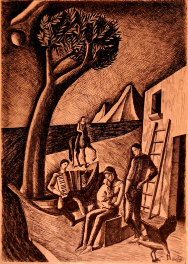 Σχέδιο με τίτλο "Mere et enfant au p…" από Paul Rossi, Αυθεντικά έργα τέχνης, Μελάνι
