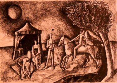 Disegno intitolato "Acrobates au paysag…" da Paul Rossi, Opera d'arte originale, Inchiostro