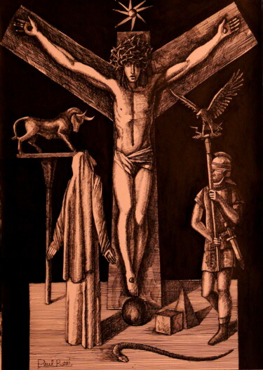 Zeichnungen mit dem Titel "Crucifixion V" von Paul Rossi, Original-Kunstwerk, Tinte