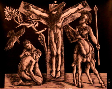 Tekening getiteld "Crucifixion III" door Paul Rossi, Origineel Kunstwerk, Inkt