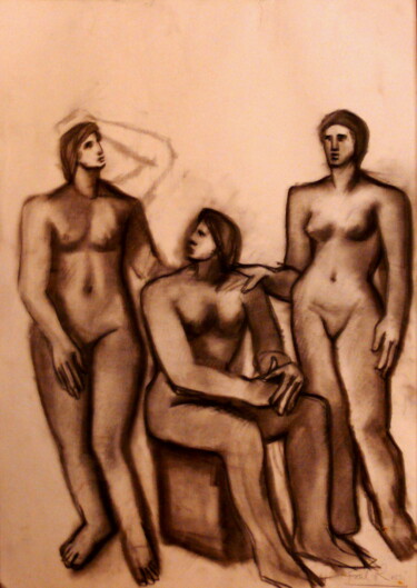 Σχέδιο με τίτλο "Les Trois Grace" από Paul Rossi, Αυθεντικά έργα τέχνης, Κάρβουνο