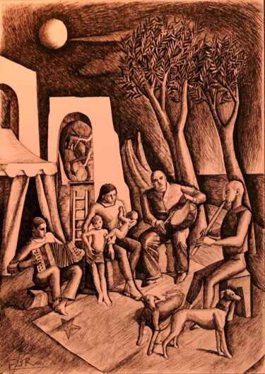 Disegno intitolato "Mere et enfants en…" da Paul Rossi, Opera d'arte originale, Inchiostro