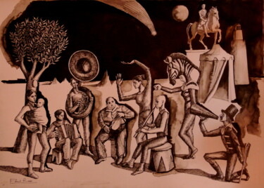 Σχέδιο με τίτλο "Famille de cirque e…" από Paul Rossi, Αυθεντικά έργα τέχνης, Μελάνι