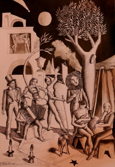 Disegno intitolato "Famille de cirque e…" da Paul Rossi, Opera d'arte originale, Inchiostro