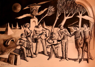 Disegno intitolato "Fete Gallante en pa…" da Paul Rossi, Opera d'arte originale, Inchiostro