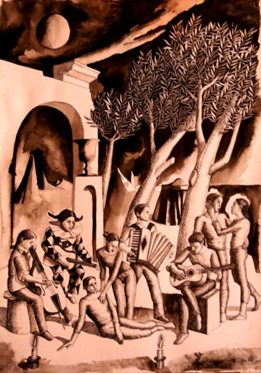 Desenho intitulada "Fete Gallante en pa…" por Paul Rossi, Obras de arte originais, Tinta