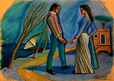 Pintura intitulada "Meeting In Blue" por Paul Rossi, Obras de arte originais, Pastel