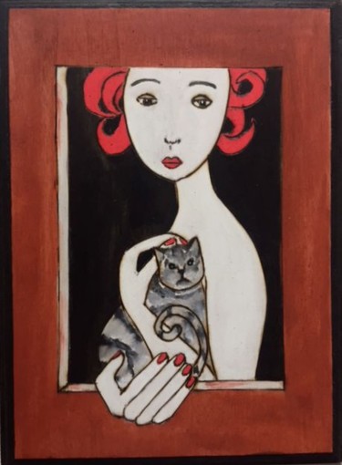 Pittura intitolato "Girl with cat" da Paul Simon Hughes, Opera d'arte originale, Acrilico