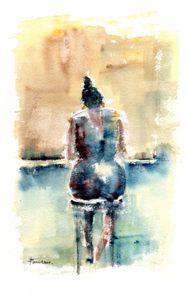 Painting titled "Woman on a Barstool" by Paul Taylor, Original Artwork, Watercolor