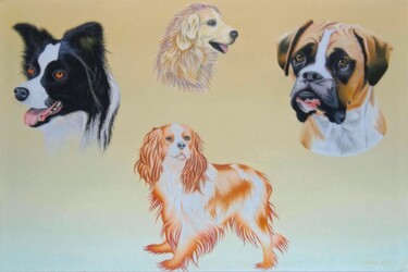 Schilderij getiteld "four dogs" door Paul Van Groningen, Origineel Kunstwerk, Olie