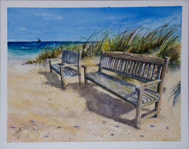 Painting titled "Benches on the Beac…" by Paula Bridges, Original Artwork, Watercolor Mounted on Other rigid panel