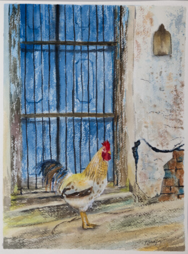 Pintura intitulada "Blue Door Rooster i…" por Paula Bridges, Obras de arte originais, Aquarela Montado em Outro painel rígido