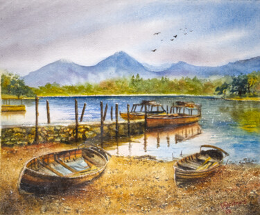 Painting titled "Boat on Sandy Shore…" by Paula Bridges, Original Artwork, Watercolor Mounted on Other rigid panel