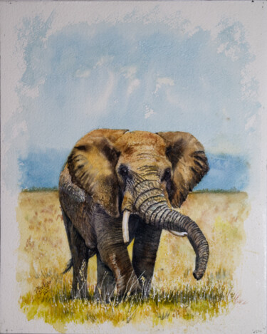 「Elephant on the Gol…」というタイトルの絵画 Paula Bridgesによって, オリジナルのアートワーク, 水彩画 その他の剛性パネルにマウント