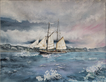Painting titled "Ship in Stormy Seas…" by Paula Bridges, Original Artwork, Watercolor Mounted on Other rigid panel
