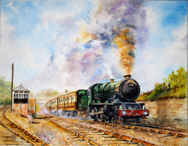 Pintura titulada "Old Smoky Train on…" por Paula Bridges, Obra de arte original, Acuarela Montado en Otro panel rígido