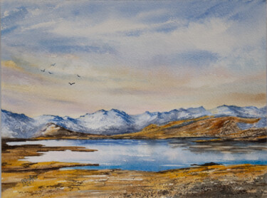 Schilderij getiteld "Blue Mountain Lake…" door Paula Bridges, Origineel Kunstwerk, Aquarel Gemonteerd op Andere stijve panel…