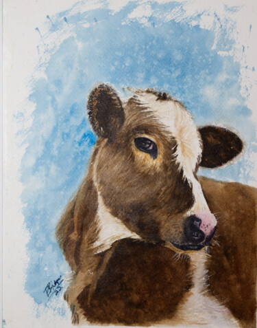 Painting titled "Sweet Brown Cow in…" by Paula Bridges, Original Artwork, Watercolor Mounted on Other rigid panel