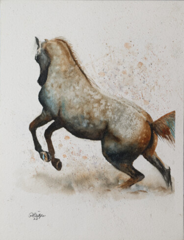 Painting titled "Dappled Gray Horse…" by Paula Bridges, Original Artwork, Watercolor Mounted on Other rigid panel