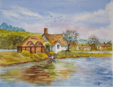 Painting titled "English Cottage on…" by Paula Bridges, Original Artwork, Watercolor Mounted on Other rigid panel