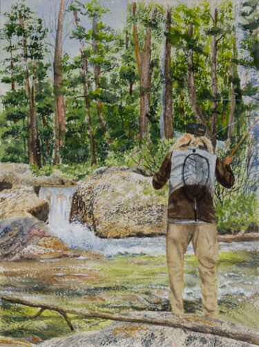 Schilderij getiteld "Fly Fishing in the…" door Paula Bridges, Origineel Kunstwerk, Aquarel Gemonteerd op Andere stijve panel…