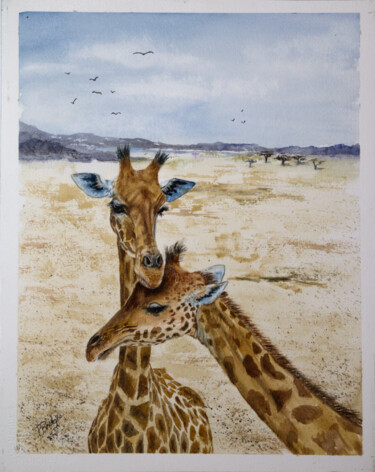 Pintura intitulada "Giraffe and her Bab…" por Paula Bridges, Obras de arte originais, Aquarela Montado em Outro painel rígido