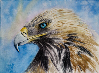 Painting titled "Golden Blue Eyed Ea…" by Paula Bridges, Original Artwork, Watercolor Mounted on Other rigid panel