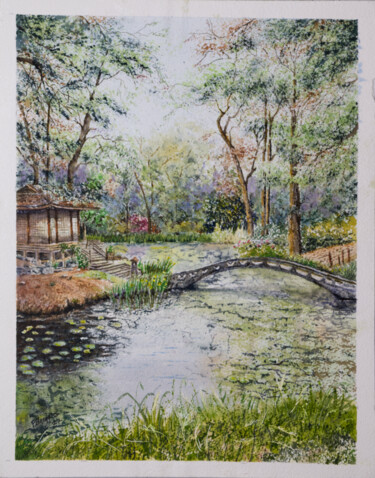 Painting titled "Japanese Garden Tea…" by Paula Bridges, Original Artwork, Watercolor Mounted on Other rigid panel