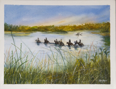 Malerei mit dem Titel "Cowboy River Crossi…" von Paula Bridges, Original-Kunstwerk, Aquarell Auf Andere starre Platte montie…