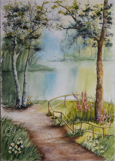 Painting titled "Path to Foggy Blue…" by Paula Bridges, Original Artwork, Watercolor Mounted on Other rigid panel