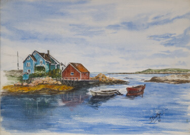 Painting titled "Peggy's Cove in Nov…" by Paula Bridges, Original Artwork, Watercolor Mounted on Other rigid panel