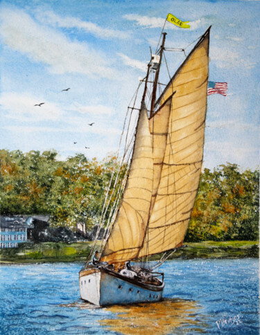 Pintura titulada "Sailboat on Blue La…" por Paula Bridges, Obra de arte original, Acuarela Montado en Otro panel rígido