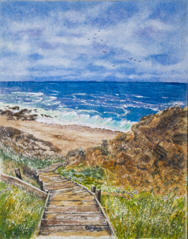 Pintura intitulada "Steps to the Sandy…" por Paula Bridges, Obras de arte originais, Aquarela Montado em Outro painel rígido