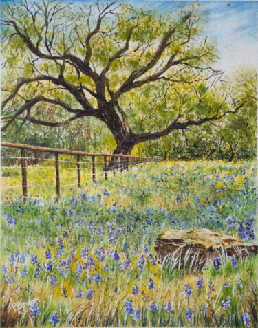 Malerei mit dem Titel "Texas Bluebonnets i…" von Paula Bridges, Original-Kunstwerk, Aquarell Auf Andere starre Platte montie…