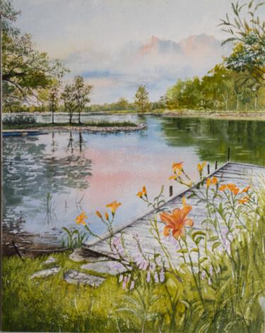 Painting titled "Day Lily Lake in Wa…" by Paula Bridges, Original Artwork, Watercolor Mounted on Other rigid panel