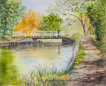 Painting titled "Autumn Day Serenity…" by Paula Bridges, Original Artwork, Watercolor Mounted on Other rigid panel