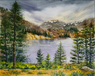 Malerei mit dem Titel "McLeod Lake in Cali…" von Paula Bridges, Original-Kunstwerk, Aquarell Auf Andere starre Platte montie…