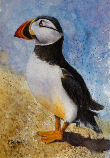 Painting titled "Puffin on the Sand…" by Paula Bridges, Original Artwork, Watercolor Mounted on Other rigid panel