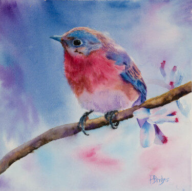 Malerei mit dem Titel "Bluebird on Branch…" von Paula Bridges, Original-Kunstwerk, Aquarell Auf Andere starre Platte montiert