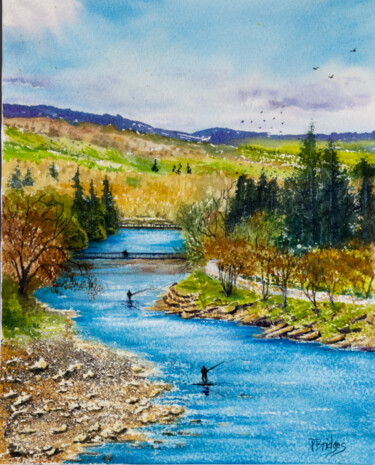 Painting titled "Blue Water River at…" by Paula Bridges, Original Artwork, Watercolor Mounted on Other rigid panel