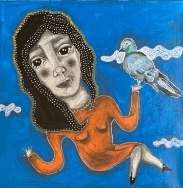 Painting titled "La fille aux pigeons" by Paula Camaré, Original Artwork, Acrylic Mounted on Wood Stretcher frame