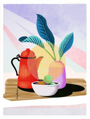 Arte digital titulada "Bule, vaso e frutas" por Paula Machado, Obra de arte original, Pintura Digital