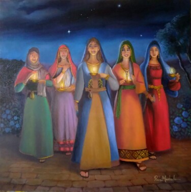 Painting titled "As Cinco Prudentes" by Paula Machado, Original Artwork, Oil Mounted on Wood Panel
