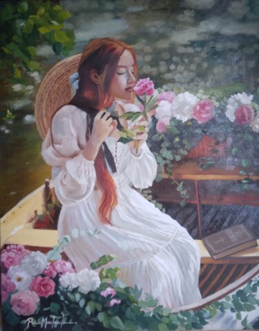 Pintura intitulada "No Barquinho Florido" por Paula Machado, Obras de arte originais, Óleo Montado em Painel de madeira