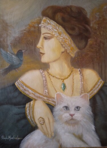 Peinture intitulée "A Dama e o gato" par Paula Machado, Œuvre d'art originale, Huile