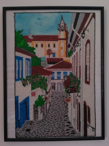 Pintura intitulada "Rua com flores" por Paula Torres, Obras de arte originais, Pintura de vitral Montado em Painel de madeira